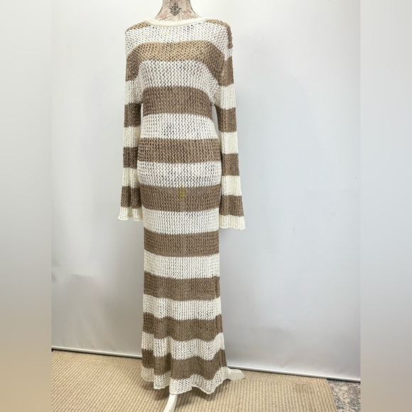 RIVER ISLAND Cream and Tan Striped long sleeve open back Swim Coverup size L - Picture 10 of 16